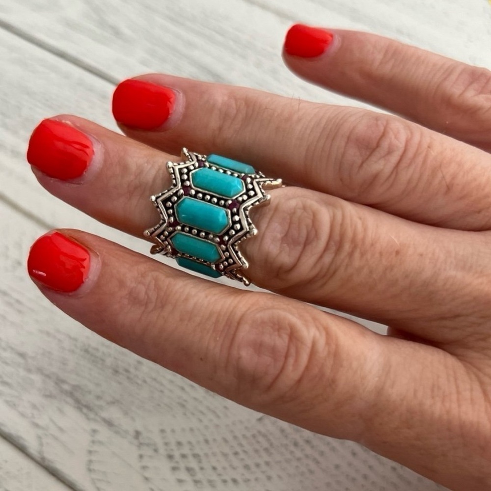 Sterling Silver Turquoise & Ruby Beaded Halo Ring size 5.75 - Picture 2 of 6